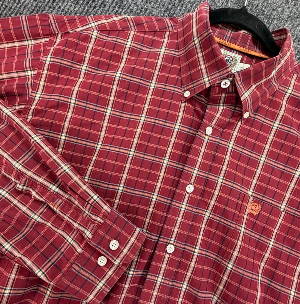 Cinch Men’s XL Red Plaid Western Shirt Long Sleeve Button Up Embroidered Cowboy